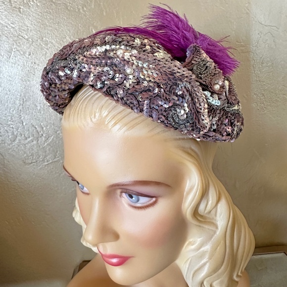 JOYFUL 195O's IRIDESCENT SEQUIN COCKTAIL HAT WITH OSTRICH FEATHERS